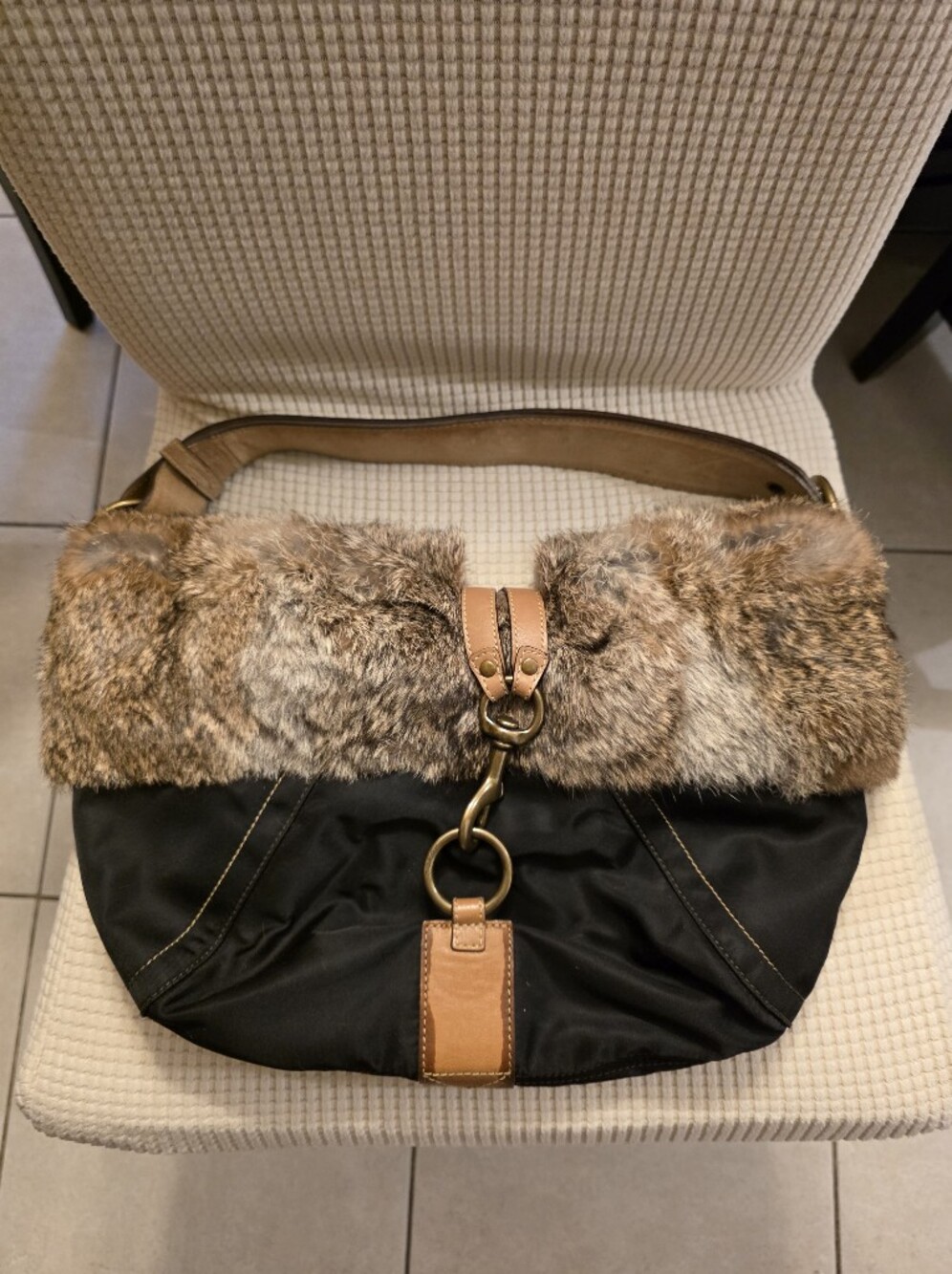 Vintage COACH Black Nylon Rabbit Fur Trimmed Medium Hobo Shoulder Bag Y2K CLEAN